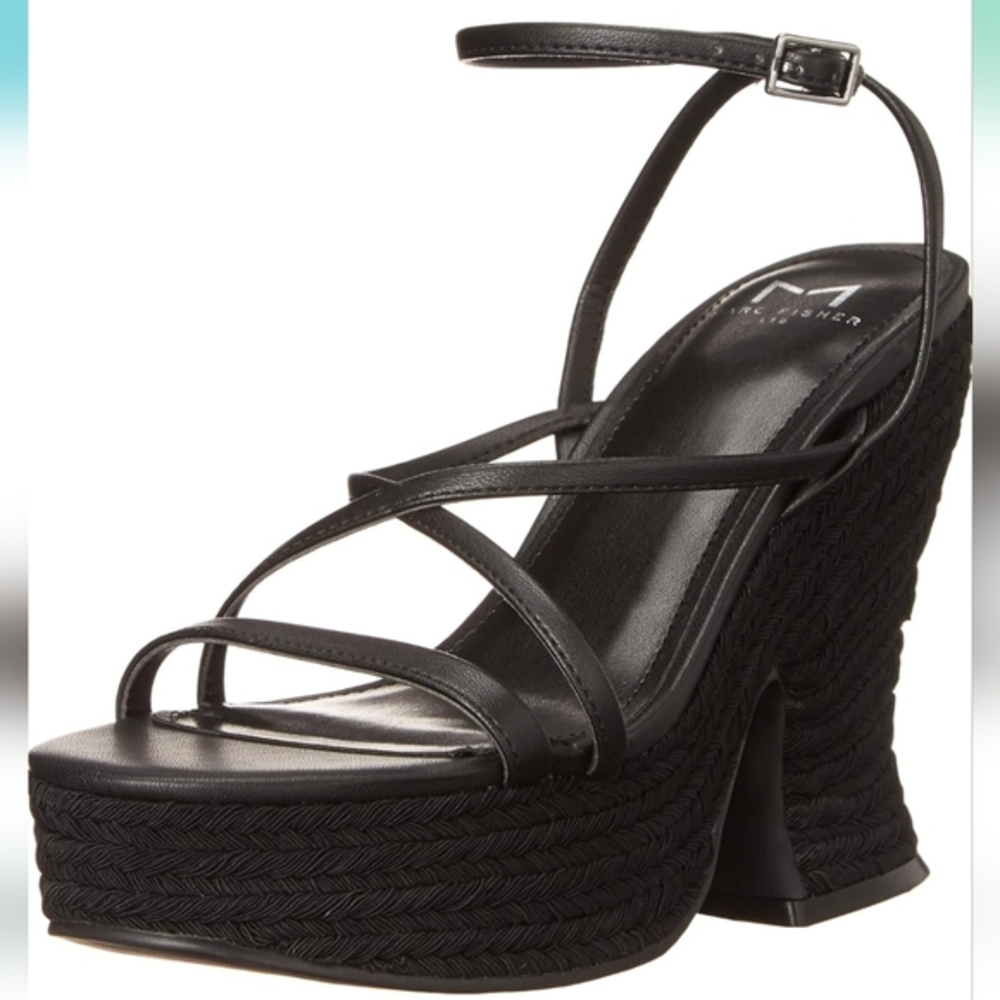 Marc Fischer Black Raffia Wedge Heeled Strappy Sandals
